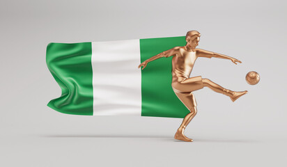 Golden soccer football player kicking a ball with nigeria waving flag. 3D Rendering © ink drop