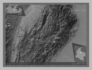 Boyaca, Colombia. Grayscale. Labelled points of cities