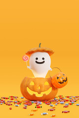 ジャック・オー・ランタンから飛び出してお菓子をねだるゴースト / コピースペースのあるポップで楽しいハロウィンイメージ / 3Dレンダリング