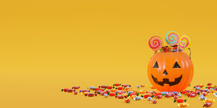 キャンディがいっぱいに詰まったジャック・オー・ランタンのバケツ / コピースペースのあるポップで楽しいハロウィンイメージ / 3Dレンダリング