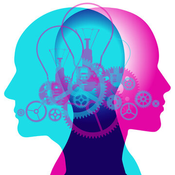 recommend clip art: A male and female side silhouette positioned back-to-back, overlaid with various semi-transparent light bulbs and machine gears shapes.