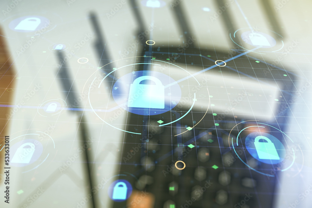Poster double exposure of virtual creative lock hologram with chip on blurry calculator background. informa