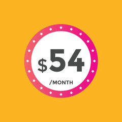 54 dollar price tag. Price $54 USD dollar only Sticker sale promotion Design. shop now button for Business or shopping promotion
