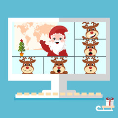 Santa Claus video conference with reindeer, an online Christmas meeting vector illustration