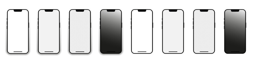 Set of realistic models smartphone with transparent and white screens. Smartphone mockup collection. Phone mockup in front. Mobile phone with shadow. Realistic, flat and line style. Vector EPS 10