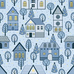 Vector Seamless pattern with hand drawn tree and house. Great for fabric, textile vector illustration