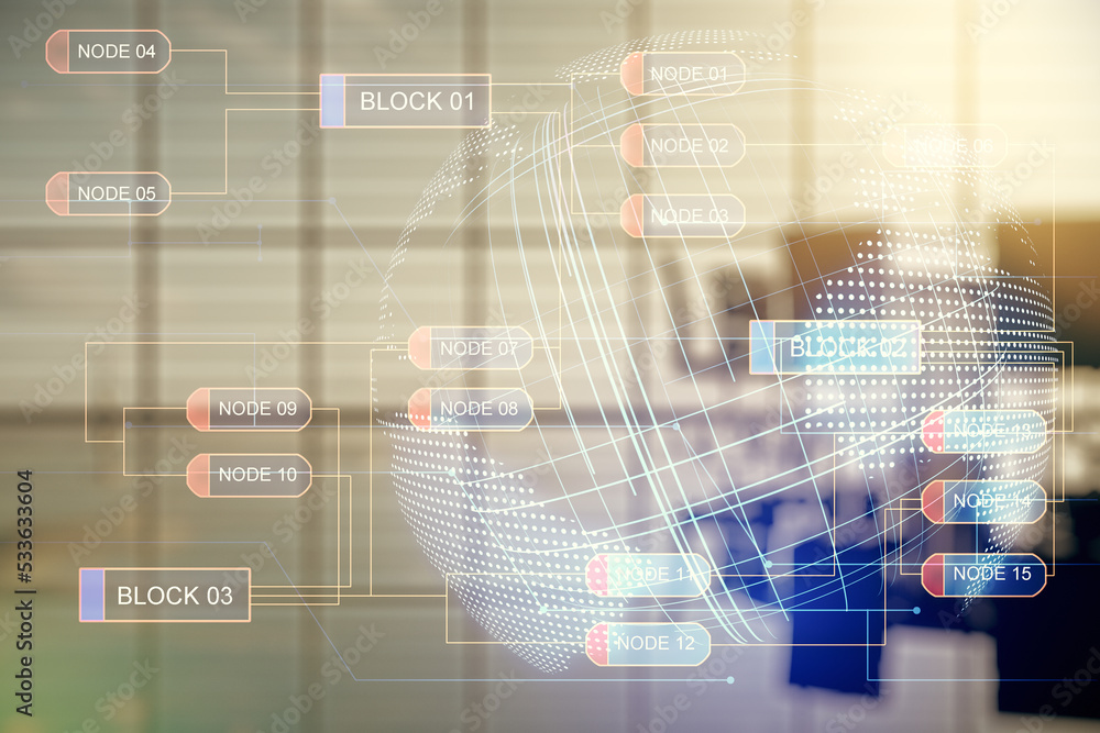Aufkleber Double exposure of abstract programming language hologram and world map on a modern meeting room background, research and development concept