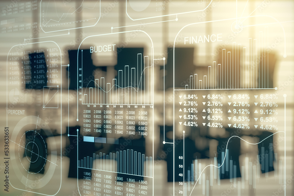 Poster Multi exposure of abstract statistics data hologram interface on a modern furnished office interior background, computing and analytics concept