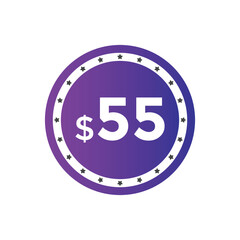 55 dollar price tag. 55$ dollar USD price symbol. price 55 Dollar sale banner in USD. Business or shopping promotion marketing concept
