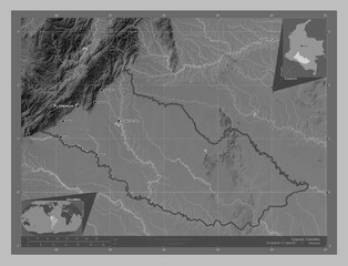 Caqueta, Colombia. Grayscale. Labelled points of cities