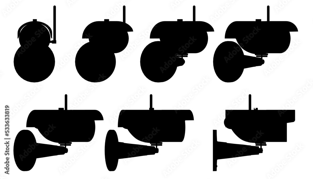 Poster set with silhouettes of surveillance cameras in different positions from black lines isolated on a w