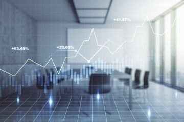 Multi exposure of virtual abstract financial diagram on a modern furnished office interior background, banking and accounting concept