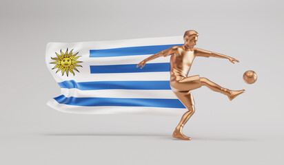 Fototapeta na wymiar Golden soccer football player kicking a ball with uruguay waving flag. 3D Rendering