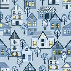 Seamless pattern of doodle houses. Great for fabric, textile vector illustration