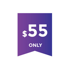 55 dollar price tag. Price $55 USD dollar only Sticker sale promotion Design. shop now button for Business or shopping promotion
