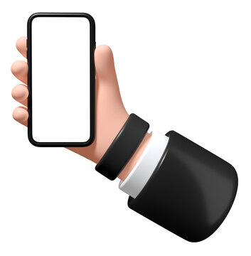 Hand with a smartphone on a white background, 3d illustration, businessman holds a phone in his hand with a blank screen.