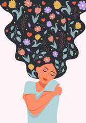 Love yourself,  harmony creative concept. Woman with flowers in hair stands closed eyes and hugs herself. vector illustrations