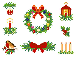 Pixel Art 8 Bit Merry Christmas Elements