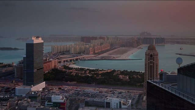 dubai marina sunset famous palm island hotel roof top panorama 4k time lapse uae