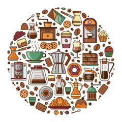 Coffee and Pastry Icons Print Stylized in Circle