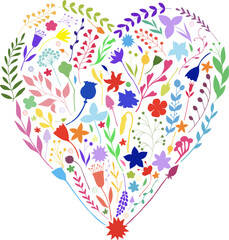Hand drawn rainbow heart of flower elements isolated on white background. For cards, invitations, save the date cards