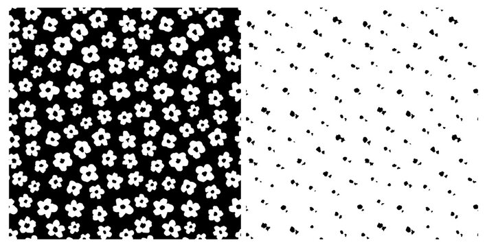 Set Of Monochrome Flowers And Dots Seamless Repeat Pattern. Cute, Little Ditsy Daisies And Spotted All Over Surface Print On White And Black Backgrounds.