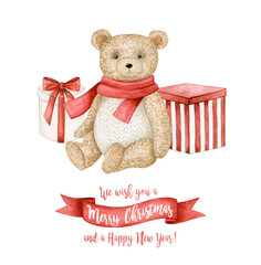 Watercolor illustration christmas card with teddy bear and gift boxes. Isolated on white background. Hand drawn clipart. Perfect for card, postcard, tags, invitation, printing, wrapping.