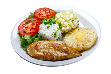 Grilled pork with fries and vegetables