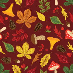 Autumn leaves pattern. Falling leaf seamless background with Oak, maple, chestnut, linden, aspen, walnut and rowan foliage.