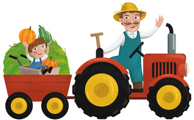 cartoon scene with working farmer with son illustration for children