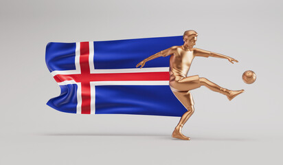 Fototapeta na wymiar Golden soccer football player kicking a ball with iceland waving flag. 3D Rendering