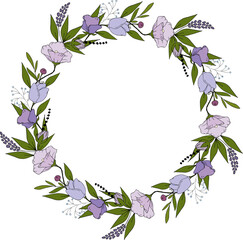 Botanical purple hand drawn wreath isolated on white background