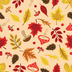 Fototapeta premium Seamless pattern with acorns, autumn leaves, mushrooms. Perfect for wallpaper, gift paper, pattern fill, autumn greeting cards.