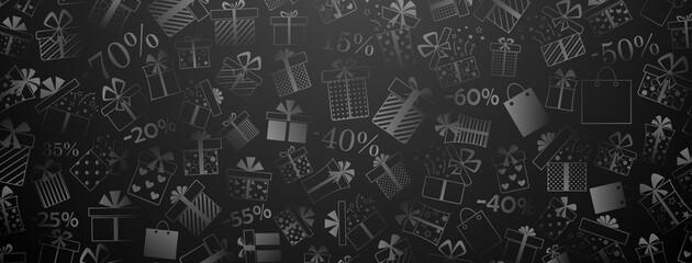 Background of gift boxes with bows and different patterns, and discount percentages, in gray and black colors