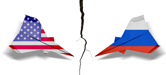 Conflict between USA and Russia. USA-Russia foreign relations and trade with paper airplanes.