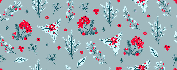 Elegant seamless pattern with plants and herbs. Hand drawn vector illustration.