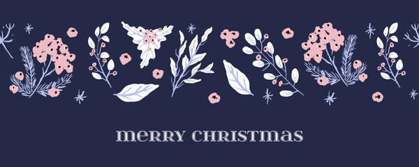 Winter Holiday background . Blue and white horizontal Christmas border with floral motifs and greetings. Universal modern line art florals. Merry xmas header or banner. Wallpaper or backdrop decor