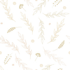 Botanical beige branches seamless pattern. Hand drawn vector minimalistic elegant pattern. Floral elements background. For cards, invitations, save the date cards