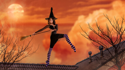 A ballerina in pointe shoes in a black witch costume with a hat and a broom is dancing on the roof...