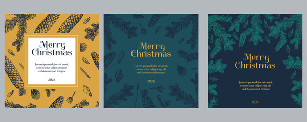 Ornate Merry Christmas greeting cards. Trendy square Winter Holidays art templates. Suitable for social media post, mobile apps, banner design and web, internet ads. Vector fashion background.