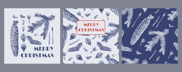 Ornate Merry Christmas greeting cards. Trendy square Winter Holidays art templates. Suitable for social media post, mobile apps, banner design and web, internet ads. Vector fashion background.