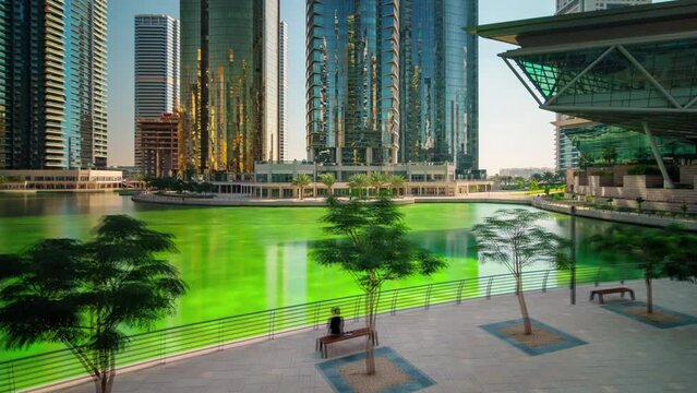dubai jbr marina bay sunny day panorama 4k time lapse uae