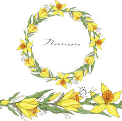 Narcissus wreath isolated on white background. Vector hand drawn floral elements background. For cards, invitations, save the date cards