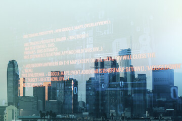 Double exposure of abstract programming language interface on Los Angeles city skyscrapers background, research and development concept