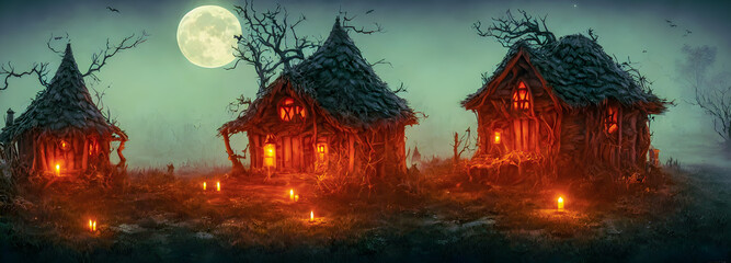 Fototapeta na wymiar Halloween background. Witch hut. Banner size. Longer Horizontal Position. website header. 3d illustration