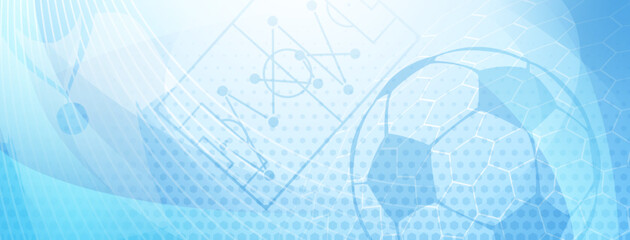 Abstract background on a football theme with big ball and other soccer symbols in light blue colors © Olga Moonlight