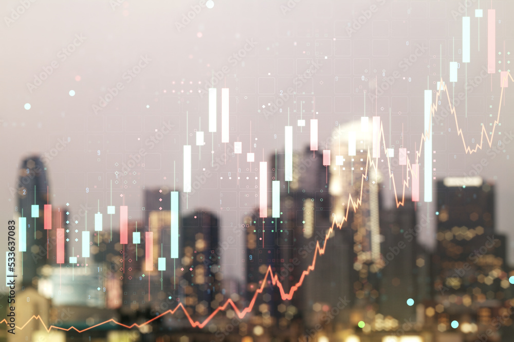Poster multi exposure of virtual abstract financial graph interface on blurry skyscrapers background, finan