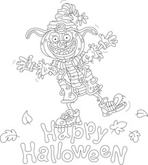 Happy Halloween card of a funny scarecrow with a pumpkin had walking among flying autumn leaves on a weird holiday night, black and white outline vector cartoon illustration