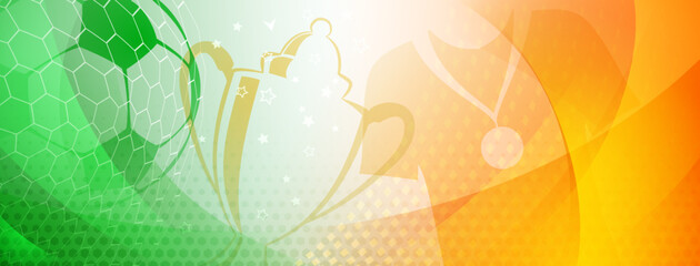 Abstract background on a football theme with big ball and other soccer symbols in national colors of Ireland