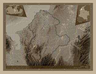 Cordoba, Colombia. Sepia. Labelled points of cities